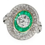 AN ANTIQUE EMERALD, DIAMOND AND ONYX TARGET RING set with a transitional cut diamond of 0.85