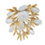 A VINTAGE DIAMOND AND MOONSTONE BROOCH / PENDANT in 18ct yellow gold, set with a central polished