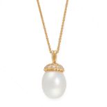 A PEARL AND DIAMOND PENDANT AND CHAIN in 18ct yellow gold, set with a drop shaped pearl of 12mm, and