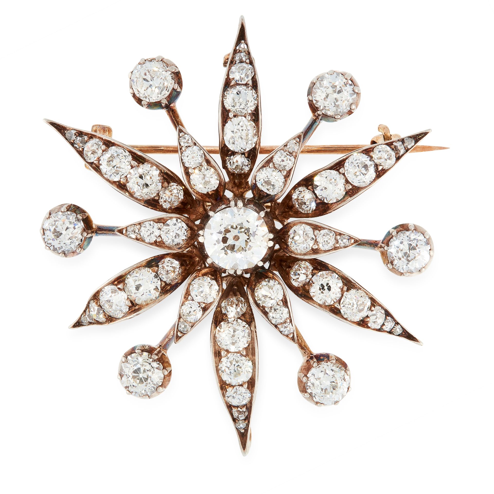 AN ANTIQUE DIAMOND STAR BROOCH / PENDANT, 19TH CENTURY in yellow gold and silver, designed as a