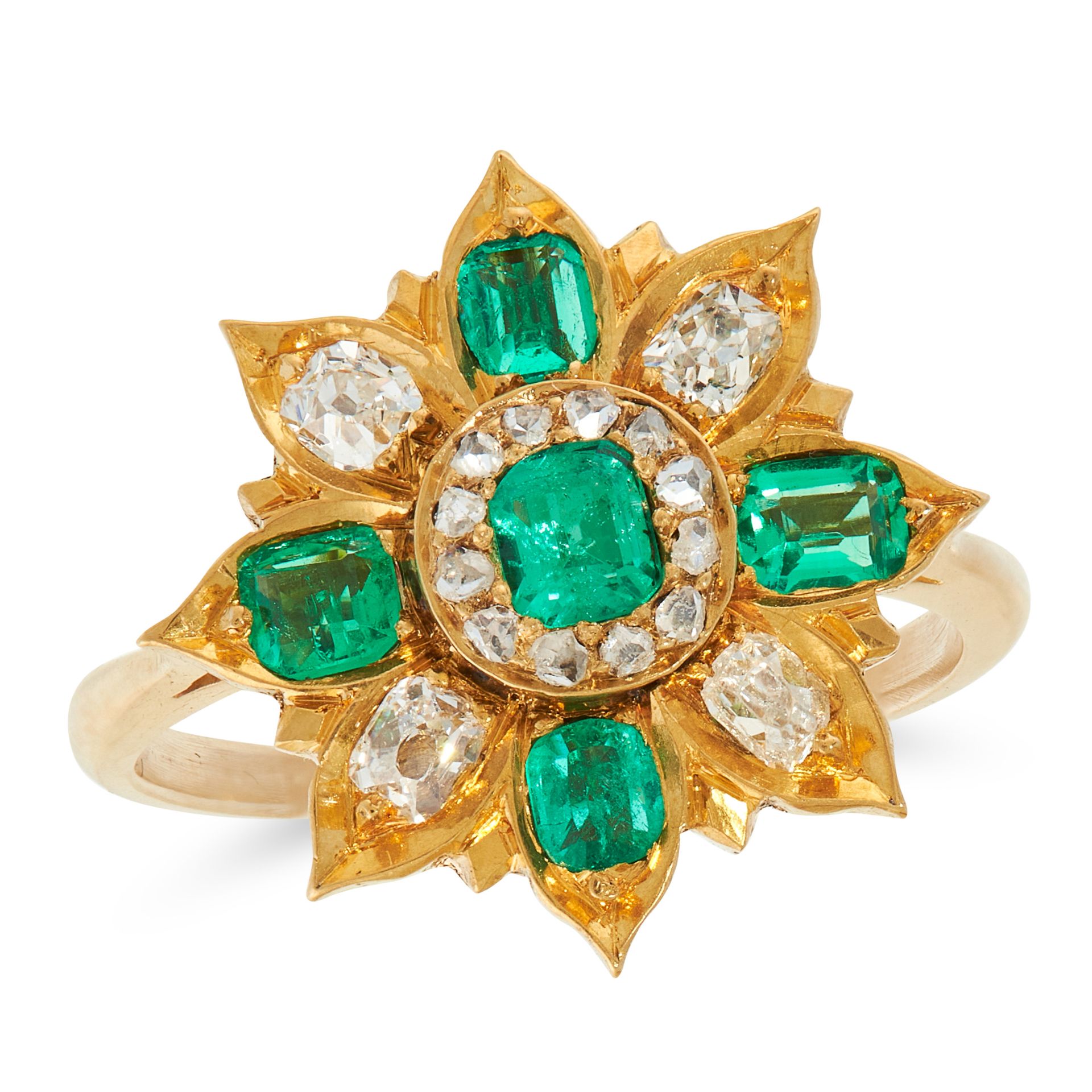 AN EMERALD AND DIAMOND CLUSTER RING comprising of a floral cluster of step cut emeralds totalling