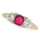 A BURMA NO HEAT RUBY AND DIAMOND RING in yellow gold, set with a cushion cut ruby of 0.82 carats