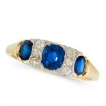 A SAPPHIRE AND DIAMOND DRESS RING in yellow gold, the panel face is set with three cushion cut