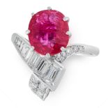 AN UNHEATED RUBY AND DIAMOND RING in 18ct white gold, the twisted shank set with a cushion cut
