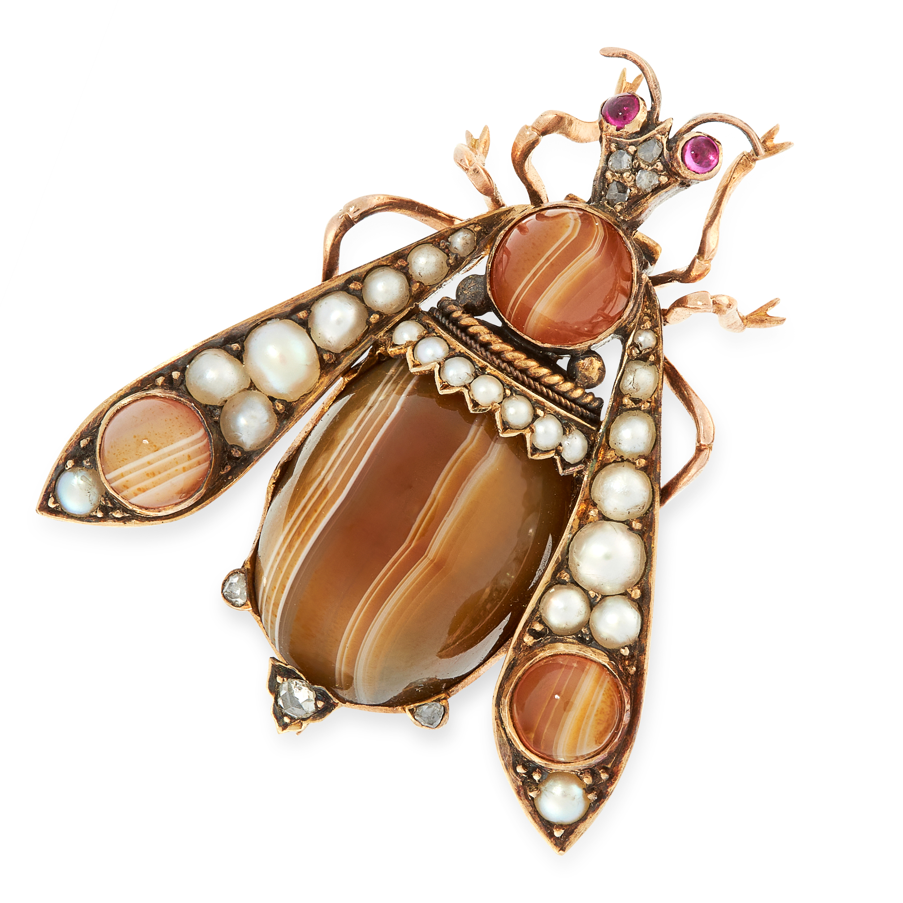 AN ANTIQUE BANDED AGATE, PEARL, RUBY AND DIAMOND BUG BROOCH in yellow gold, designed as a fly, the