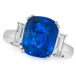 A SAPPHIRE AND DIAMOND DRESS RING comprising of a cushion cut sapphire of 5.67 carats between two