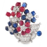 A VINTAGE SAPPHIRE, RUBY AND DIAMOND GIARDINETTO BROOCH, CIRCA 1950 designed as a basket of flowers,