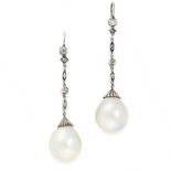 A PAIR OF PEARL AND DIAMOND EARRINGS each set with a pearl of 13.6mm and 13.5mm, below rows of