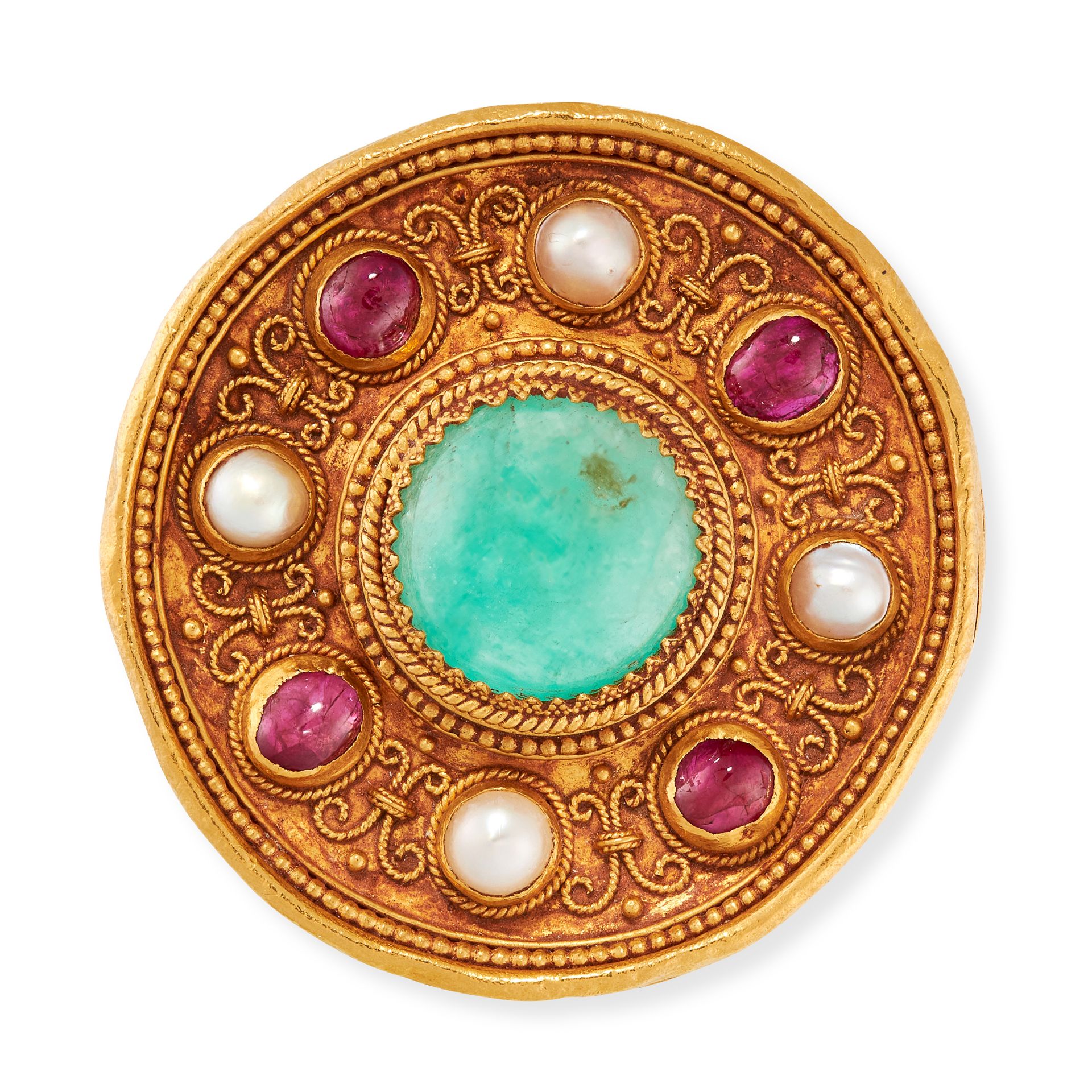 AN EXCEPTIONAL ANTIQUE EMERALD, RUBY AND PEARL BROOCH, JULES & LOUIS WIESE EARLY 20TH CENTURY in