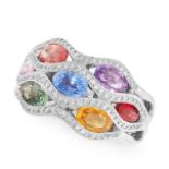 A MULTI COLOUR SAPPHIRE AND DIAMOND RING, WASKOLL in 18ct white gold, the bombe face is set oval cut