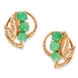 A PAIR OF JADEITE JADE EARRINGS in 14ct, each set with a trio of oval jadeite cabochons accented