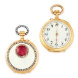 AN ANTIQUE RUBY, DIAMOND AND ENAMEL POCKET WATCH, H MOSER & CIE in 18ct yellow gold, the circular