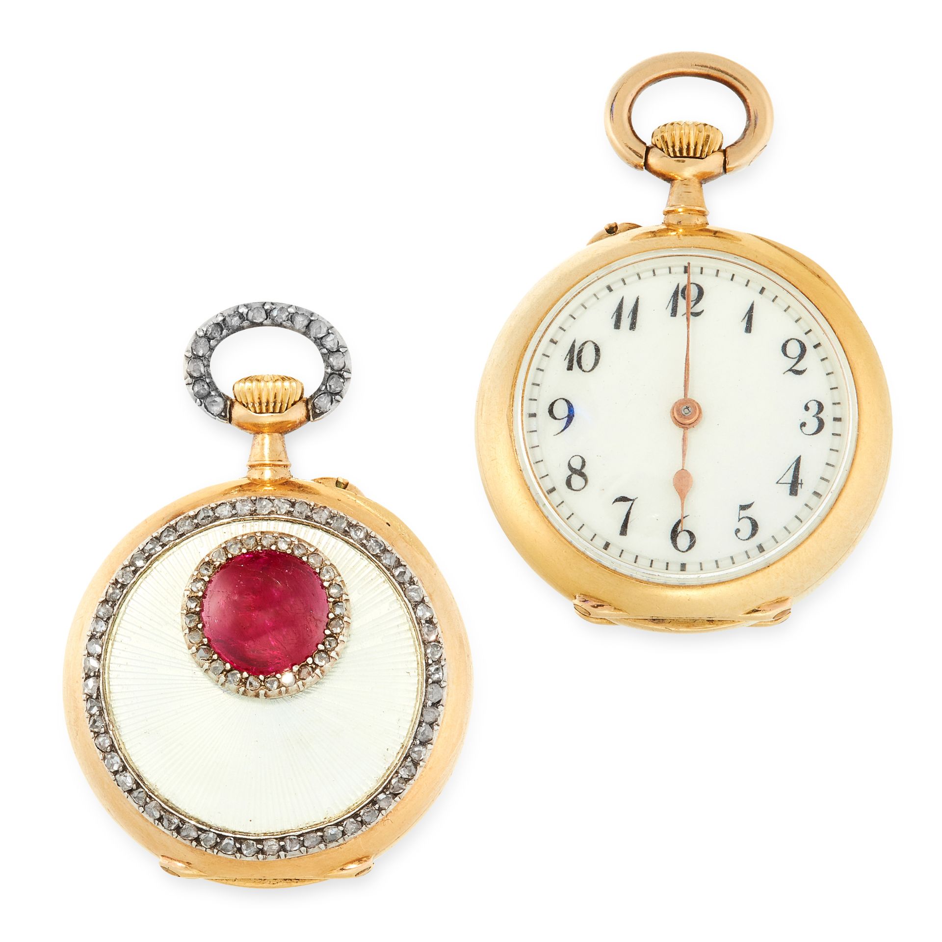 AN ANTIQUE RUBY, DIAMOND AND ENAMEL POCKET WATCH, H MOSER & CIE in 18ct yellow gold, the circular