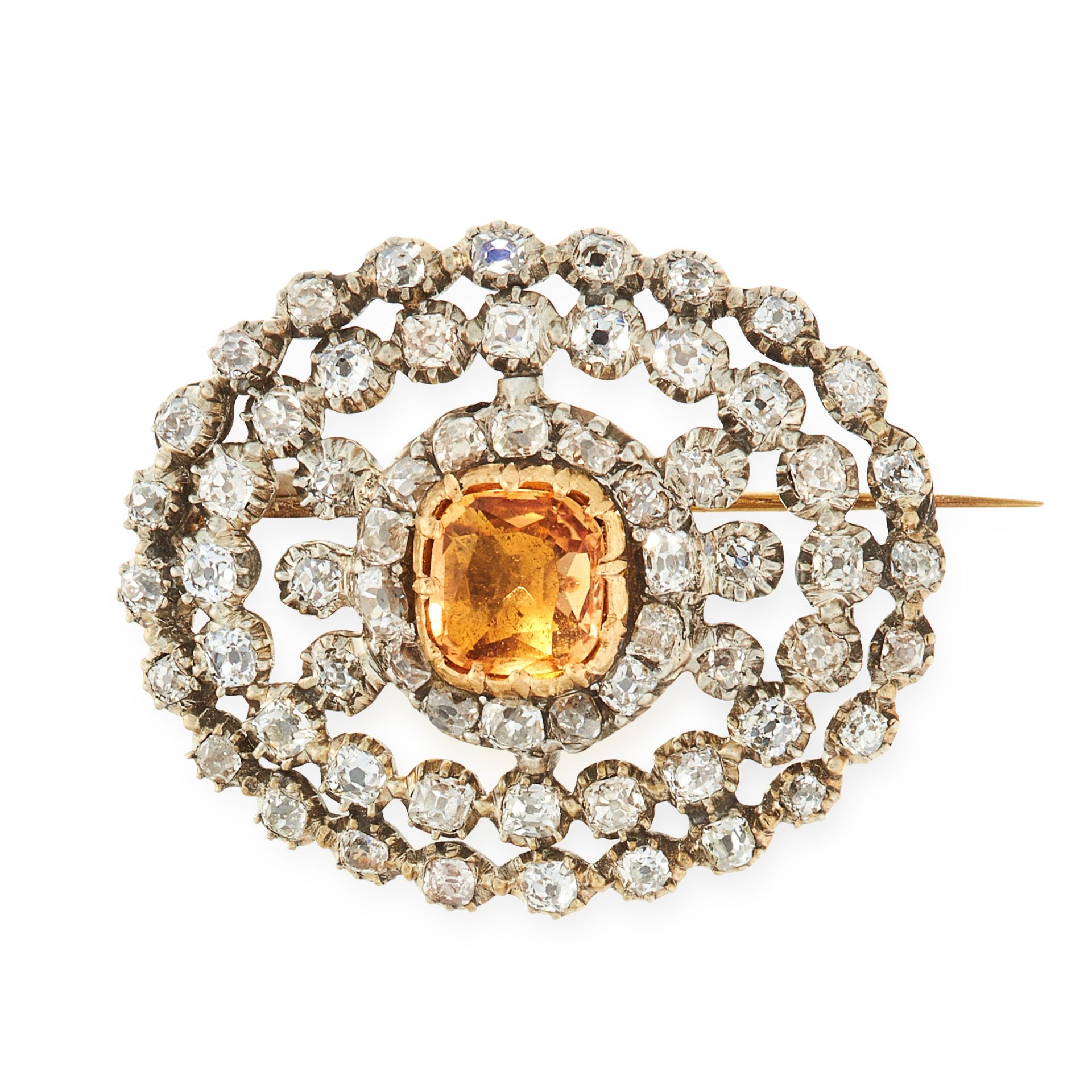 AN ANTIQUE IMPERIAL TOPAZ AND DIAMOND BROOCH, 19TH CENTURY in yellow gold and silver, set with a