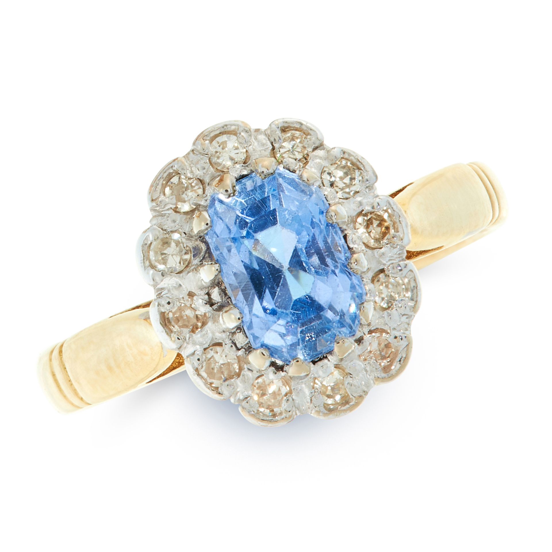 A SAPPHIRE AND DIAMOND DRESS RING in 18ct yellow gold, set with a cushion cut blue sapphire of 1.