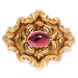 AN ANTIQUE GARNET BROOCH, 19TH CENTURY in yellow gold, the scalloped body formed of a scrolling