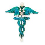 AN ANTIQUE DIAMOND, PEARL AND ENAMEL CADUCEUS BROOCH, CHILD & CHILD in yellow gold and silver,