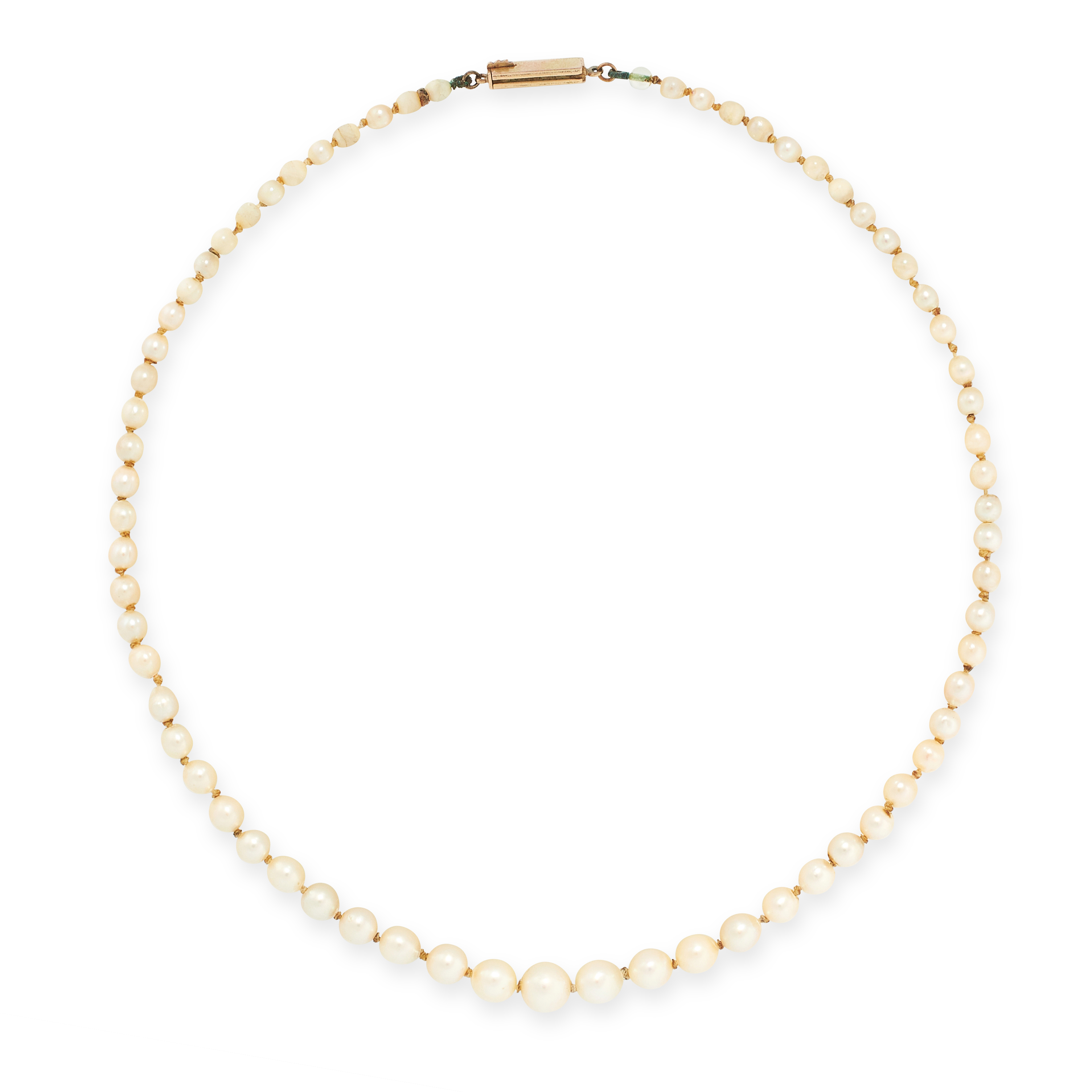 A PEARL NECKLACE in yellow gold, comprising a single row of sixty-seven graduated pearls ranging 7.