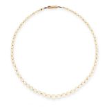 A PEARL NECKLACE in yellow gold, comprising a single row of sixty-seven graduated pearls ranging 7.