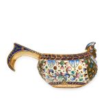 AN ANTIQUE IMPERIAL RUSSIAN ENAMEL KOVSH, MOSCOW 1908-17 in 84 zolotnik silver, the body decorated