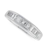 A DIAMOND DRESS RING in 18ct white gold, set with a central row of three princess cut diamonds