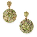 A PAIR OF DEMANTOID GARNET EARRINGS in yellow gold, each comprising a cluster of round and mixed cut