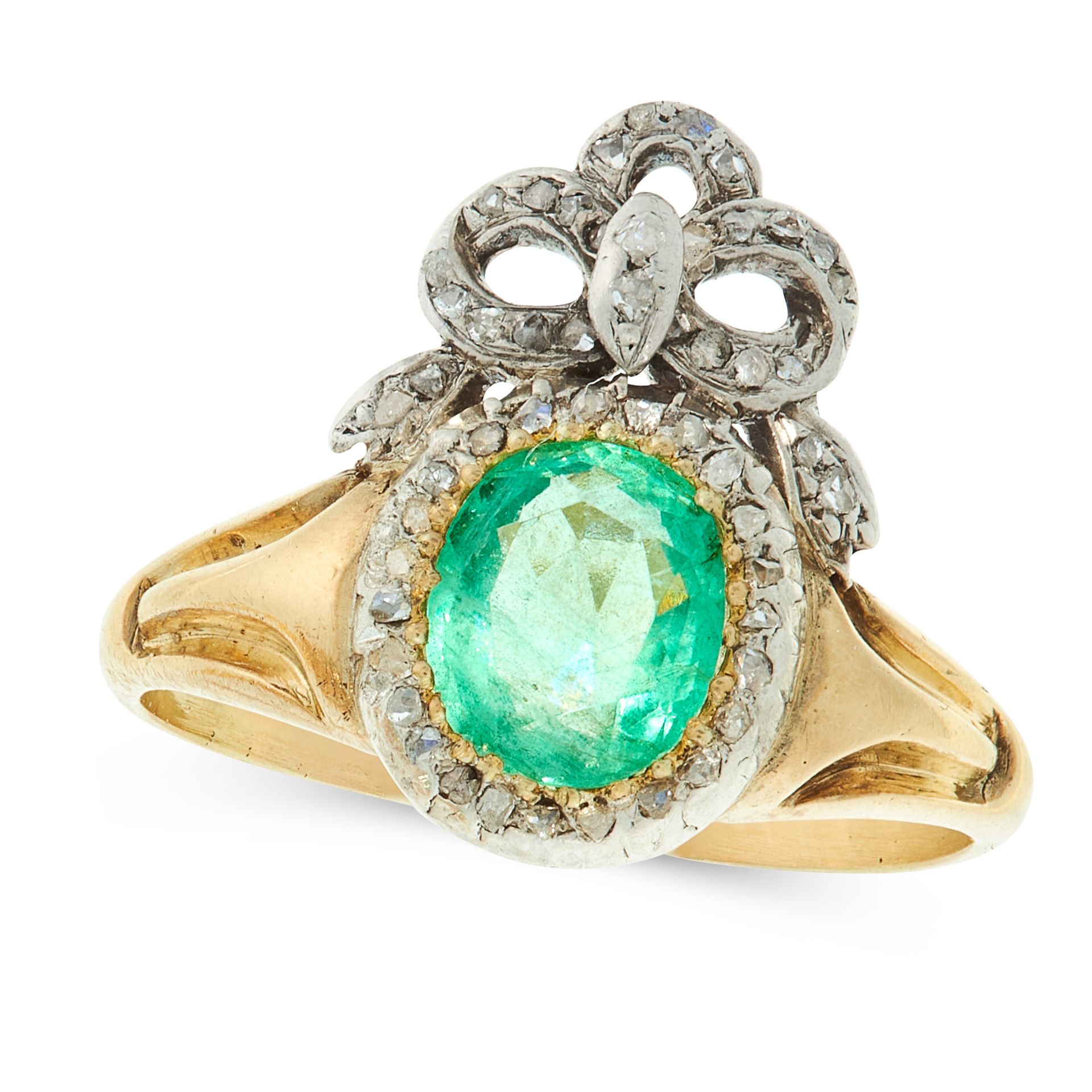 AN EMERALD AND DIAMOND SWEETHEART RING in yellow gol and silver, set with an oval cut emerald of 0.