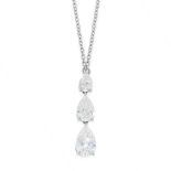 A DIAMOND DROP PENDANT AND CHAIN in platinum, comprising of three pear cut diamonds of 0.29