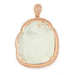 A JADE AND DIAMOND PENDANT in 18ct rose gold, set with a carved plaque of water jade in a border