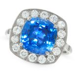 AN UNHEATED SAPPHIRE AND DIAMOND RING in platinum, set with a cushion cut sapphire of 5.82 carats,