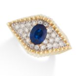 A VINTAGE SAPPHIRE AND DIAMOND RING, in 18ct yellow gold, set with an oval cut sapphire of 2.58