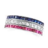 A SAPPHIRE, RUBY AND DIAMOND REVERSIBLE RING the central band set with single cut diamonds flanked