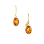 A PAIR OF CITRINE DROP EARRINGS in 14ct yellow gold, each set with an oval cut citrine, stamped 14K,