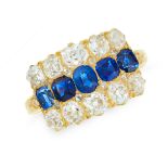 AN ANTIQUE SAPPHIRE AND DIAMOND RING in 18ct yellow gold, set with a single row of cushion cut