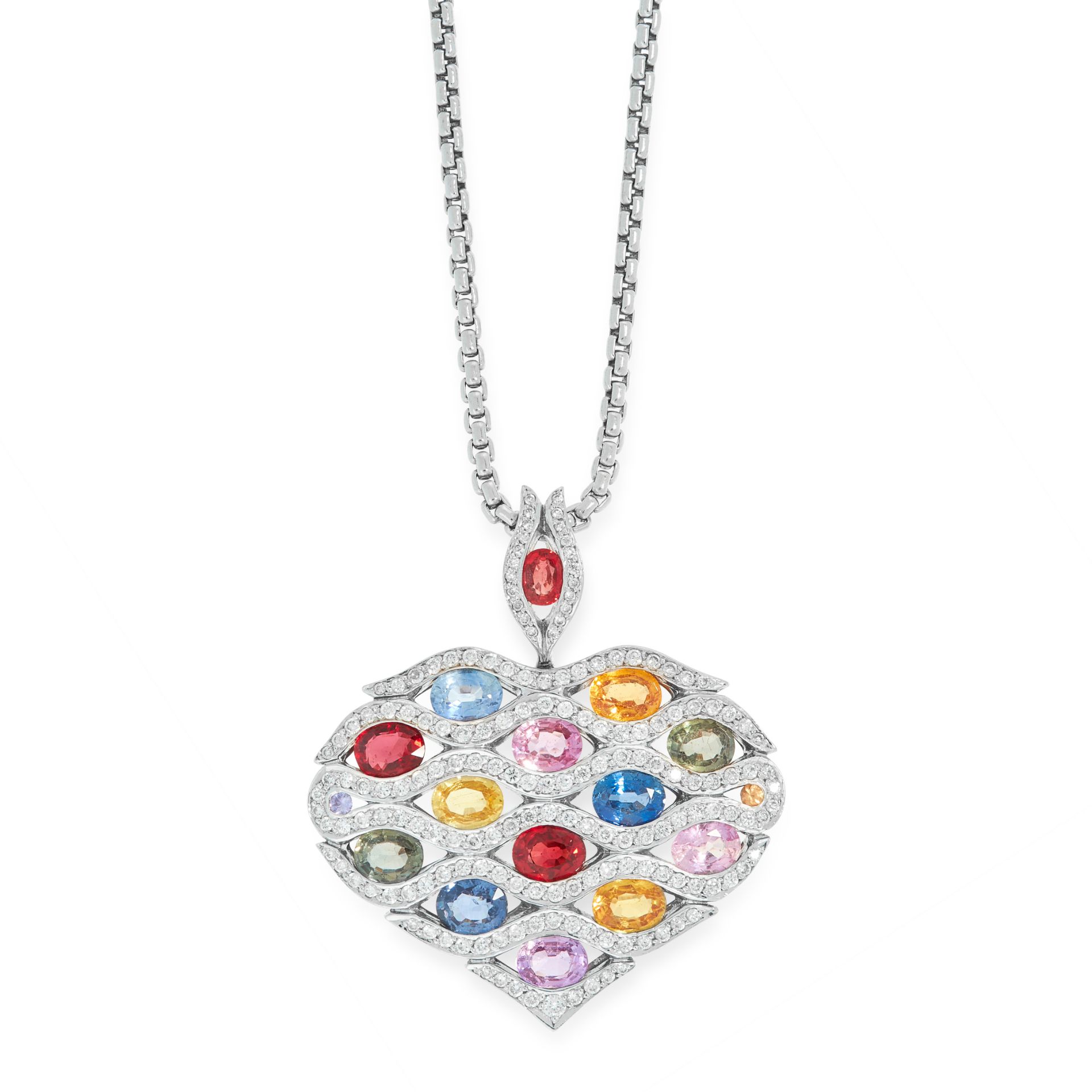 A MULTI COLOUR SAPPHIRE AND DIAMOND HEART PENDANT AND CHAIN, WASKOLL in 18ct white gold, the heart