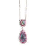 A BLACK OPAL, RUBY, DIAMOND AND PEARL PENDANT NECKLACE in platinum, set with a pear shaped