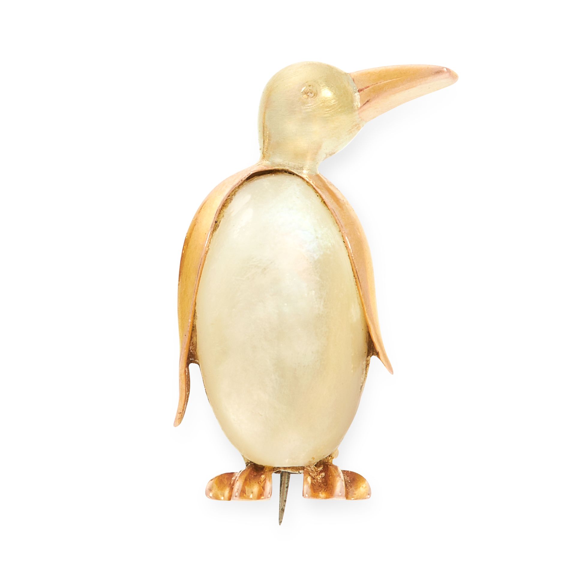 A VINTAGE MOTHER OF PEARL PENGUIN BROOCH in 14ct yellow gold, designed as a penguin, the body set