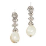 A PAIR OF NATURAL PEARL AND DIAMOND DROP EARRINGS each set with a pearl of 10.8mm and 10.5mm,