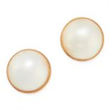A PAIR OF MOTHER-OF-PEARL STUD EARRINGS each set with a round cabochon mother of pearl, stamped 14K,