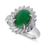 A JADE AND DIAMOND CLUSTER RING in platinum, set with a cabochon jade in a border of baguette cut
