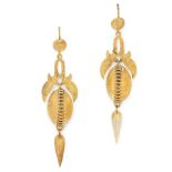 A PAIR OF ANTIQUE DROP EARRINGS, 19TH CENTURY in yellow gold, the ovoid bodies with lacework