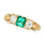 AN EMERALD AND DIAMOND RING in high carat yellow gold, set with an emerald cut emerald of 0.44