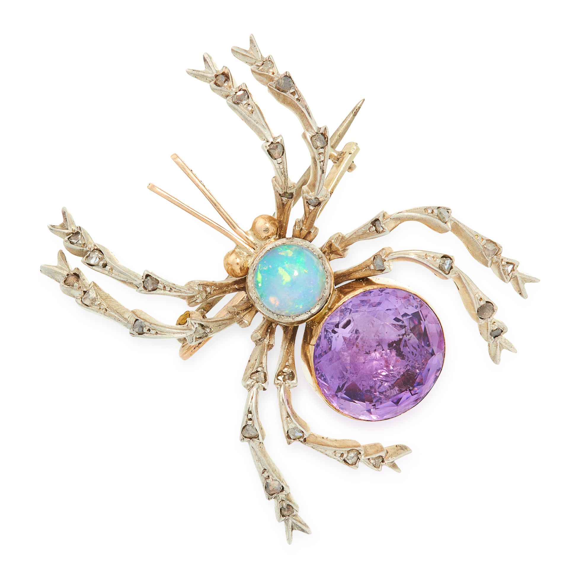 AN ANTIQUE AMETHYST, OPAL AND DIAMOND SPIDER BROOCH in yellow gold and silver, designed as a spider,