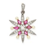 AN ANTIQUE PEARL, RUBY AND DIAMOND PENDANT, LATE 19TH CENTURY designed as a star, set with a central