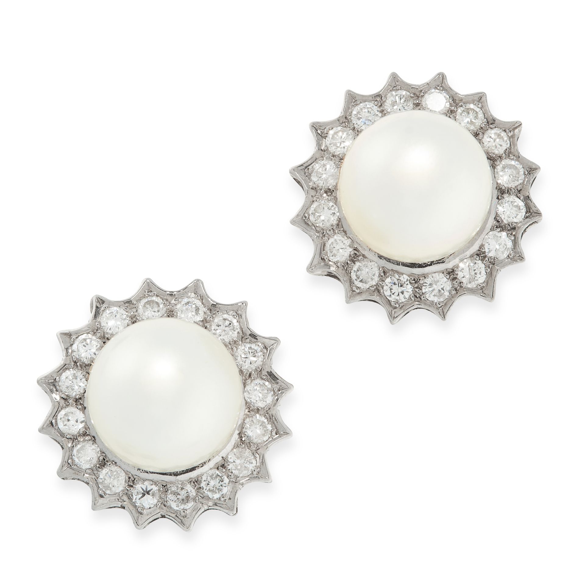 A PAIR OF PEARL AND DIAMOND CLUSTER STUD EARRINGS in 18ct white gold, each set with a central