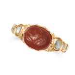 AN ANTIQUE CARNELIAN INTAGLIO AND DIAMOND RING, 19TH CENTURY in yellow gold, set with an oval