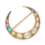 AN ANTIQUE OPAL AND DIAMOND CRESCENT BROOCH, 19TH CENTURY in yellow gold, designed as a crescent