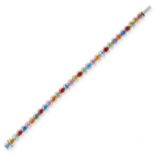 A MULTI COLOUR SAPPHIRE AND DIAMOND LINE BRACELET, WASKOLL in 18ct white gold, comprising of a