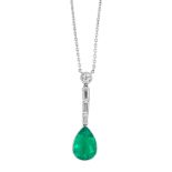 A COLOMBIAN EMERALD AND DIAMOND PENDANT NECKLACE in platinum, set with a pear cut emerald of 4.89