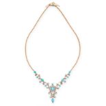 AN ANTIQUE TURQUOISE AND DIAMOND NECKLACE in yellow gold and silver, set with cabochon turquoise,